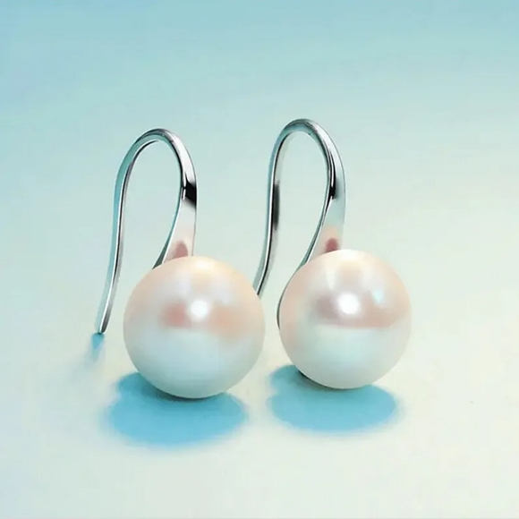 White Pearl Silver or Gold Elegant Luxury Sophisticated Dangly Hook Earrings - Picture 15 of 16